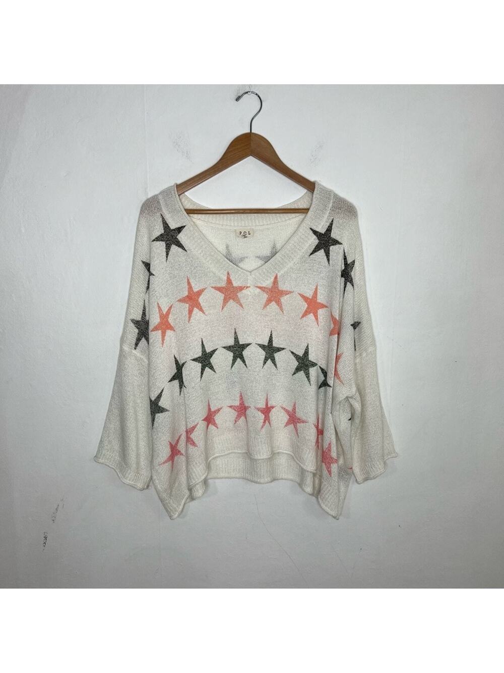 POL Sweater Ivory With Pink Black Stars Oversized Size Large